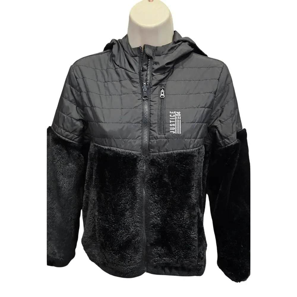 Justice L 12 / 14 black REVERSIBLE 2 in 1 jacket windbreaker sherpa nylon EUC #
